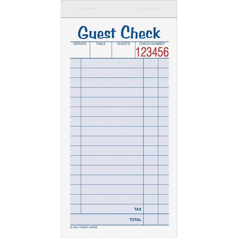 TOPS Guest Check Books, 2-Part, Carbonless, White/Canary, 3-11/32" x 6-3/8", 50 Sets/Pad, 10 Pads/Pack (45702)